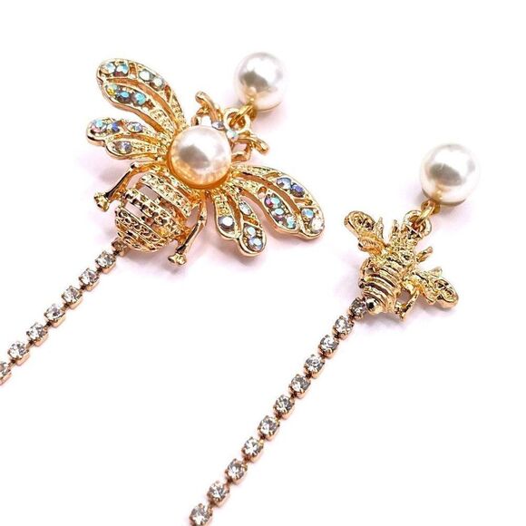 Yellow Gold with White and AB Crystal Mismatching Bees Post Back Earrings - Picture 3 of 9